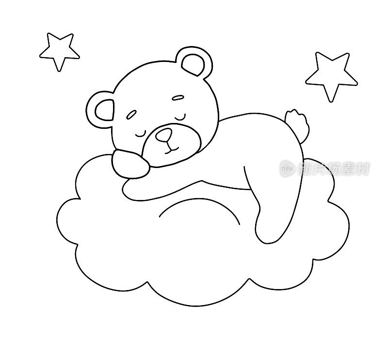 可爱的熊在云上做梦。卡通手绘矢量轮廓插图着色书。线宝宝动物