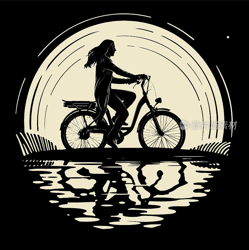 一个年轻快乐的女孩骑着电动自行车在夜晚经过一个池塘的倒影。矢量插图，一个女人的剪影在一个大月亮的背景，在新鲜的空气中散步。每股收益10。