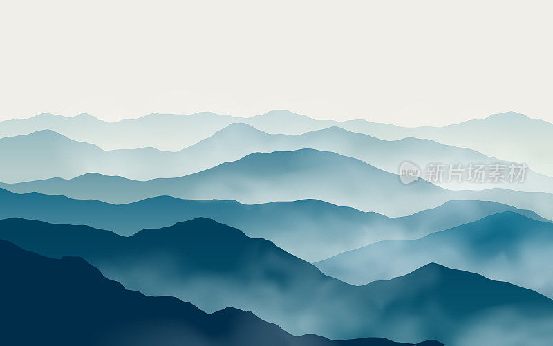 矢量充满活力的蓝色景观与轮廓的迷雾山脉和丘陵