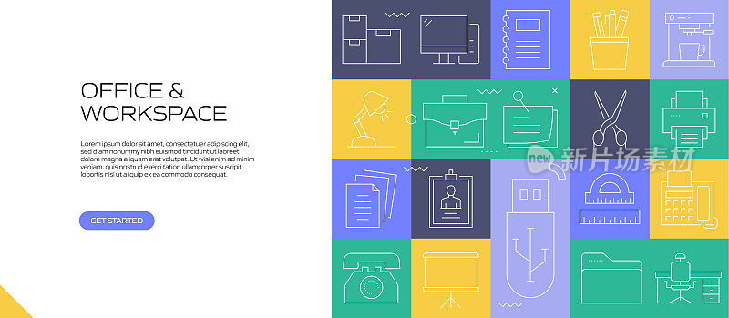 办公室和工作空间网络横幅与线性图标，新潮的线性风格矢量
