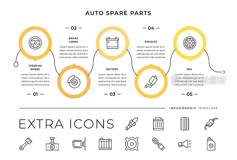汽车备件线图标和信息图表模板