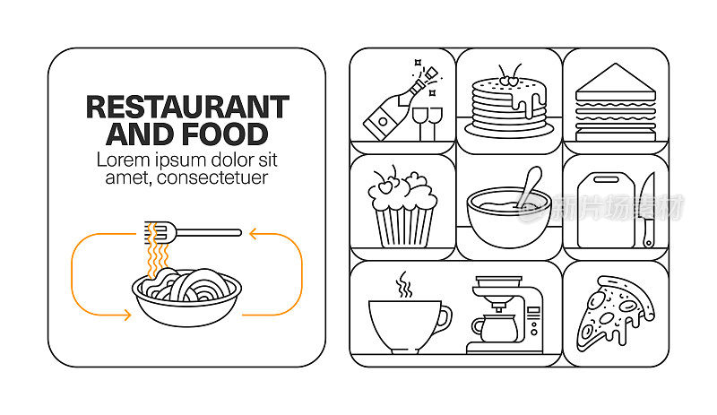 餐厅和食品横幅线图标集设计