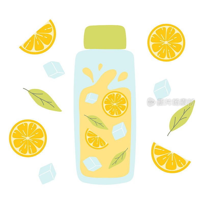瓶装柠檬水。加柠檬、薄荷和冰块的柠檬水。
