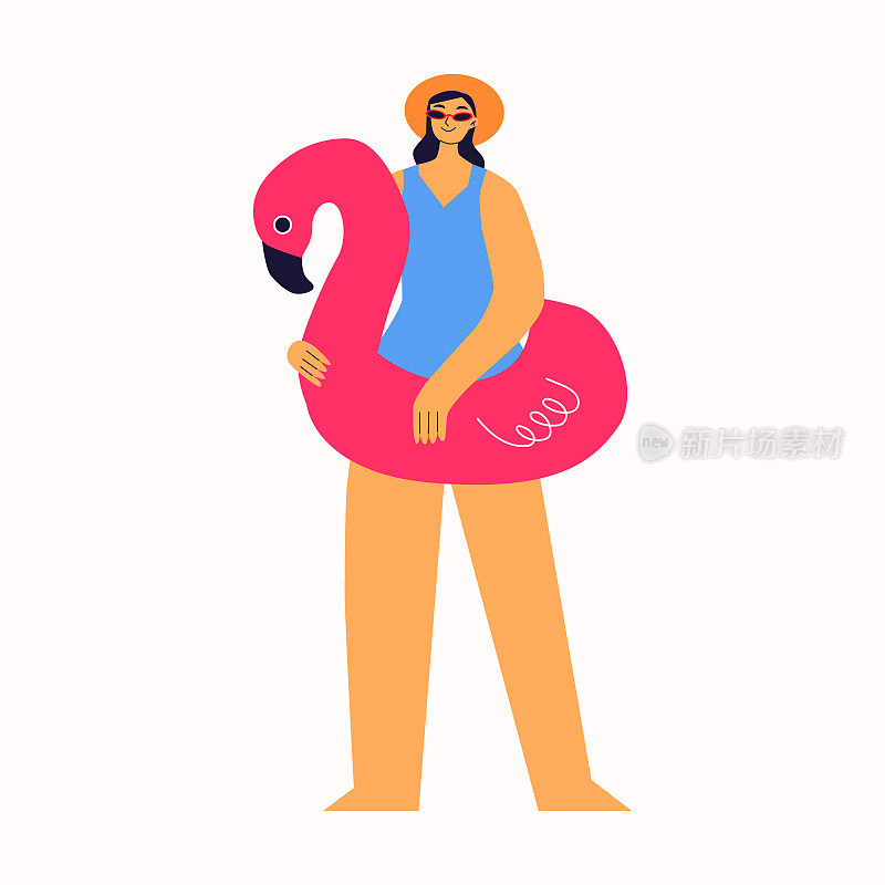 年轻女子去海滩，拿着火烈鸟形状的充气粉色圆圈