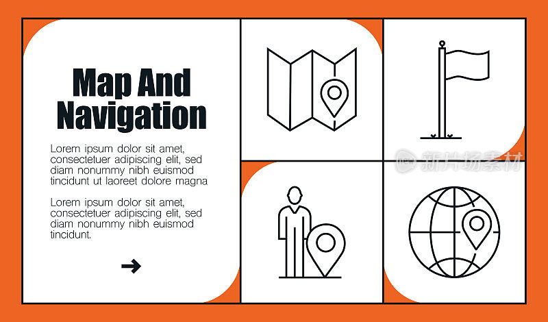 地图和导航线图标集和横幅设计。导航，地图，Gps，位置，地址