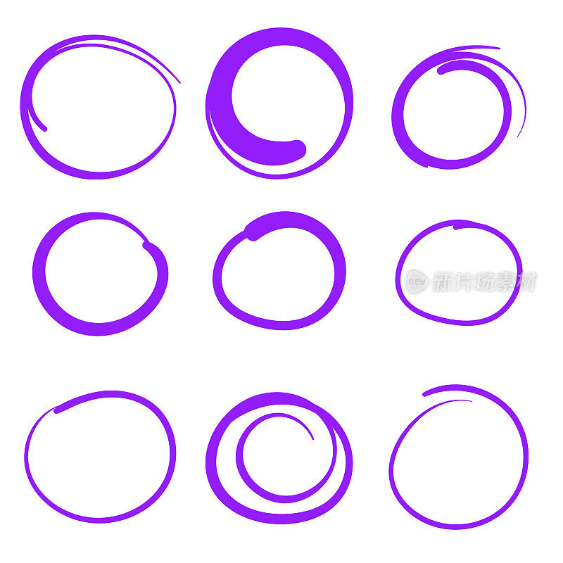 紫色漩涡Swoosh标记与矢量手绘高亮强调线设计