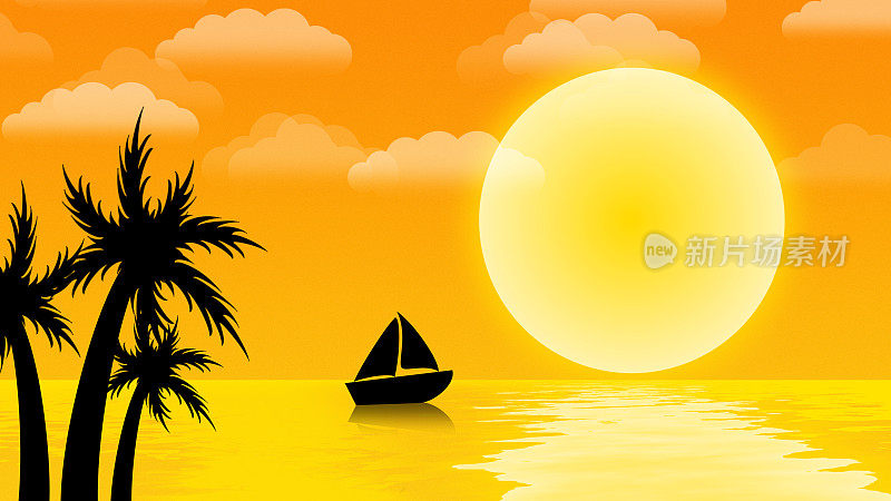 美丽的日出场景在海滩上与黄色和橙色渐变的颜色和船