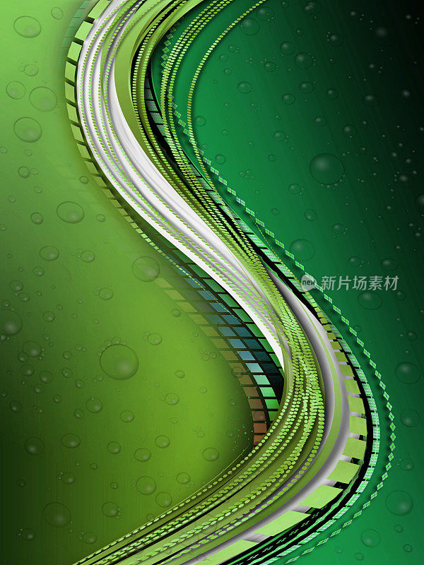 绿色阴影背景与不同形状的装饰丝带和雨滴。