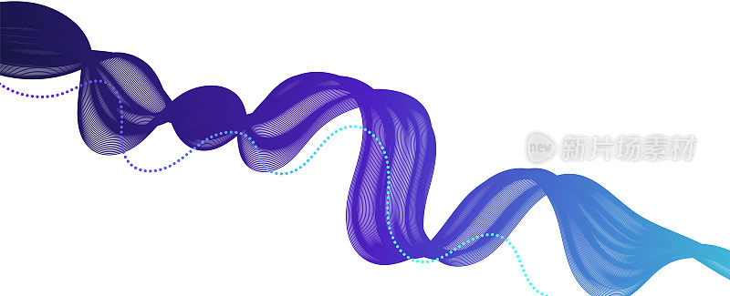 抽象的蓝色，绿色和紫色平滑流动的波浪线在白色的背景。动态声波元件设计。