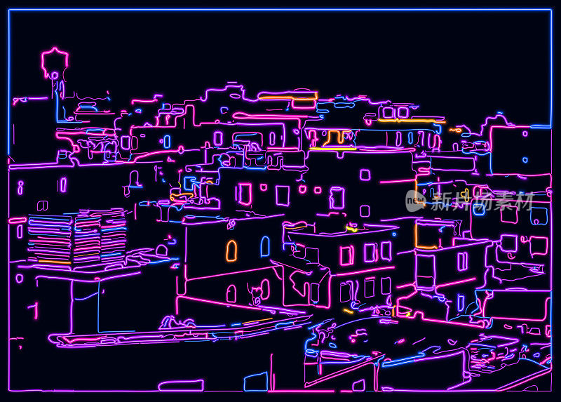 矢量LED光色彩迷幻霓虹效果网络风格城市建筑轮廓场景背景