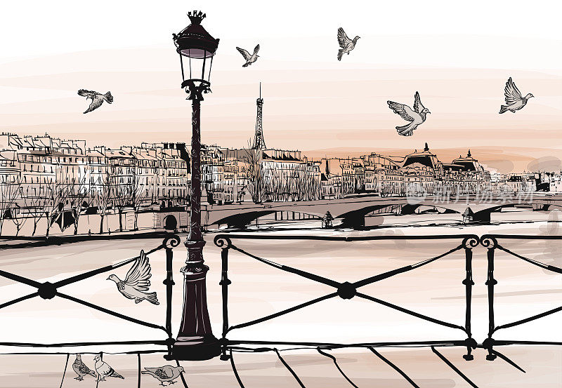 巴黎艺术桥上塞纳河上的日落