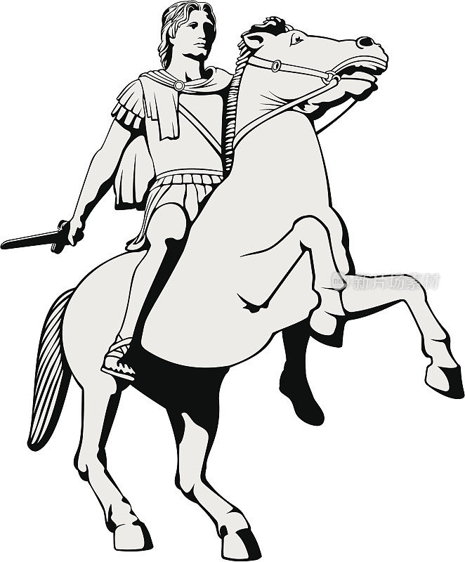 亚历山大大帝骑在马背上的黑白图像