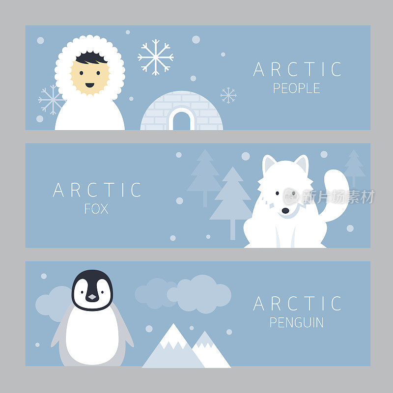 北极旗帜，人民，狐狸和企鹅