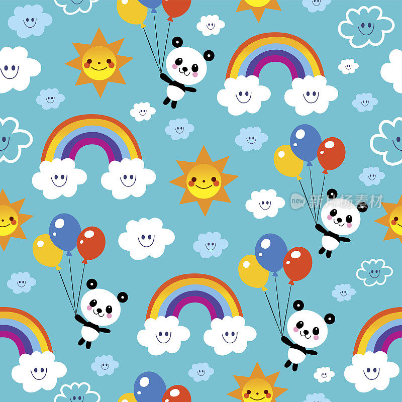 熊猫熊彩虹云彩天空孩子无缝图案