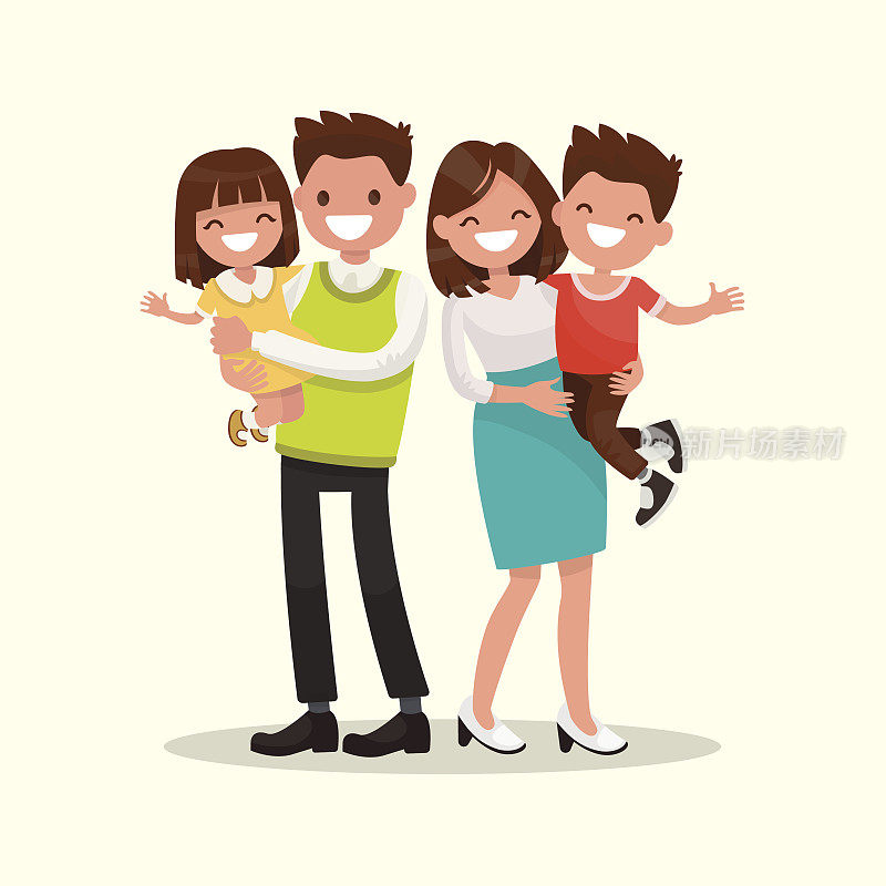 幸福的家庭。父亲，母亲，儿子和女儿在一起。向量