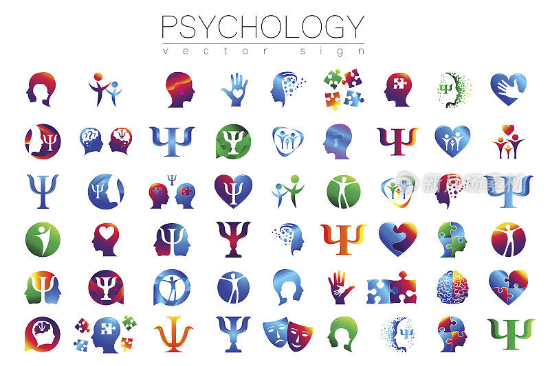现代头标志套心理学。人类。创造性的风格。符号向量。设计理念。品牌公司。绿色，蓝色，橙色，紫色孤立在白色背景。网络图标