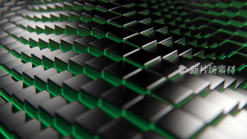 抽象的铁3d立方体绿色头发的背景。三维渲染