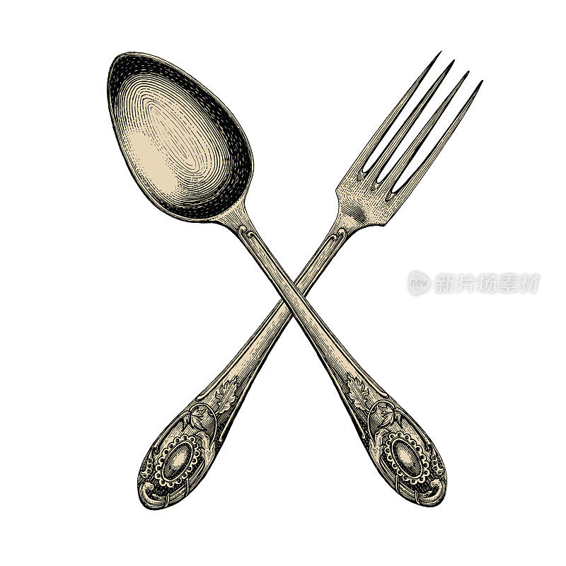 古董交叉勺子和叉子手绘，勺子和叉子素描艺术孤立在白色背景