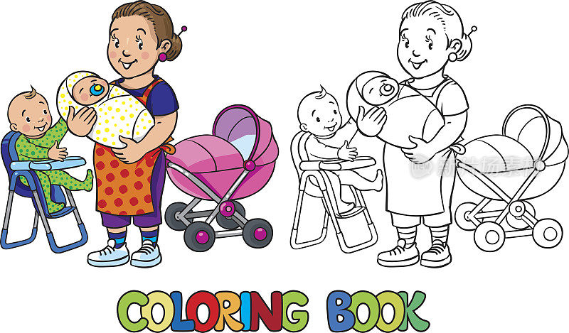 带孩子的有趣保姆。彩色的书。