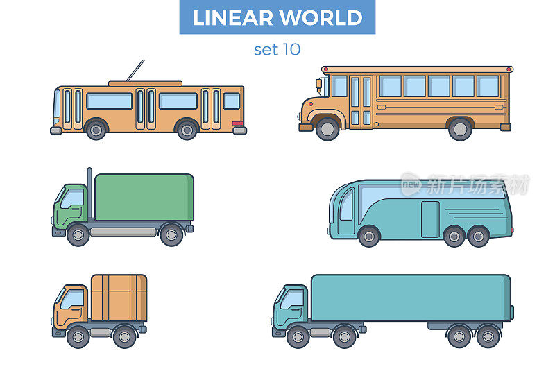 线性平坦客运和货物运输，现代和复古的校车，面包车和电车矢量插图集。运输的概念。