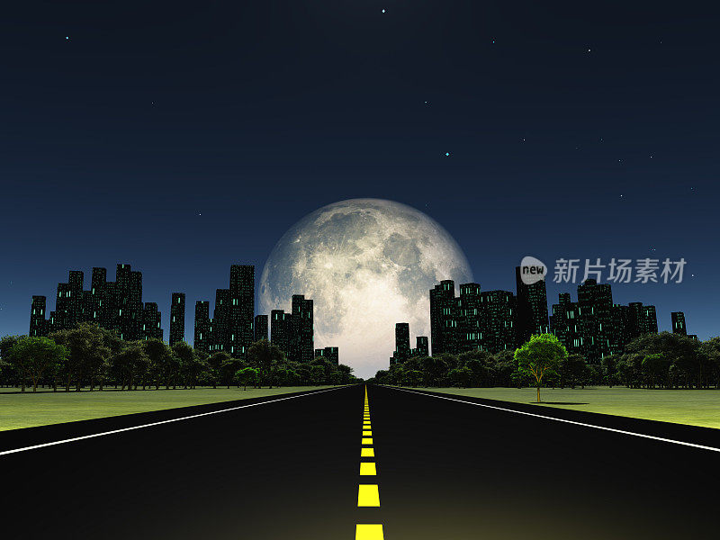 通往有大月亮的城市的公路