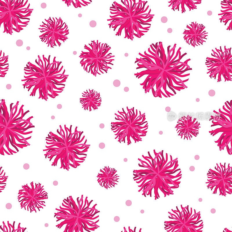 矢量粉色绒球无缝模式背景。适合拉拉队主题织物，剪贴簿，包装，礼品包装，礼物项目