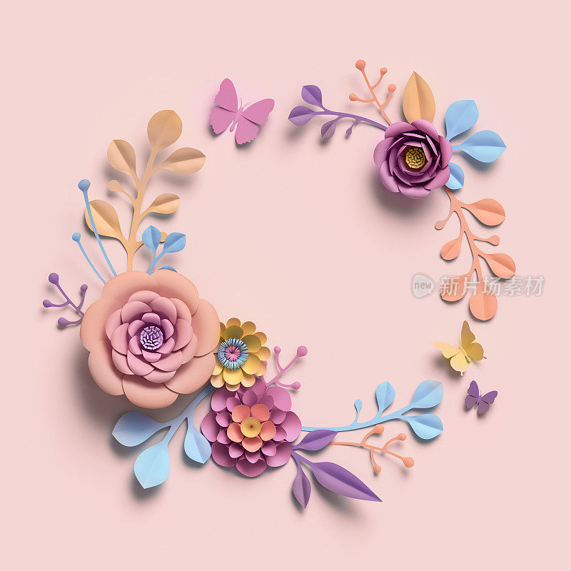 3d渲染，纸花，彩色调色板，植物背景，孤立的剪贴艺术，圆形花环，空白贺卡