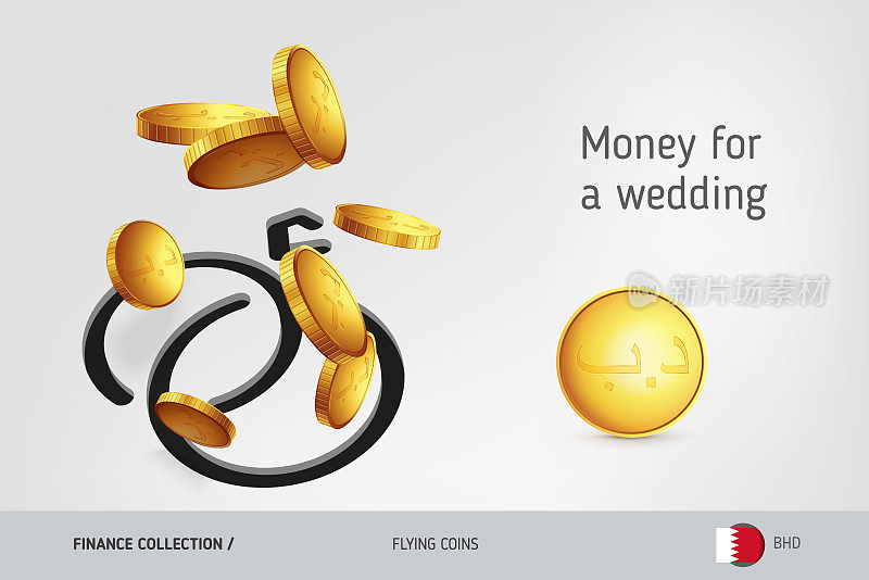 婚戒图标与飞行巴林第纳尔硬币，金融概念。矢量插图印刷，网站，网页设计，移动应用程序，信息图表。
