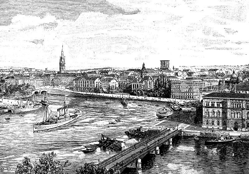19世纪瑞典的文章插图“鸟瞰斯德哥尔摩”;维多利亚时代的城市;1893