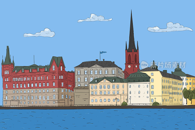 古老的城市景观。斯德哥尔摩。矢量图