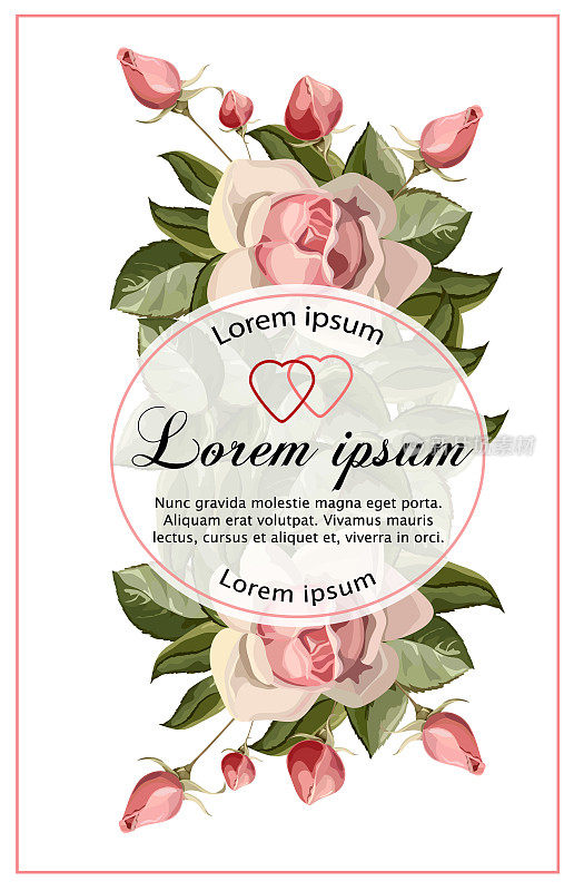 白色背景玫瑰的婚礼卡片。设计的小册子，横幅，传单，祝贺。向量