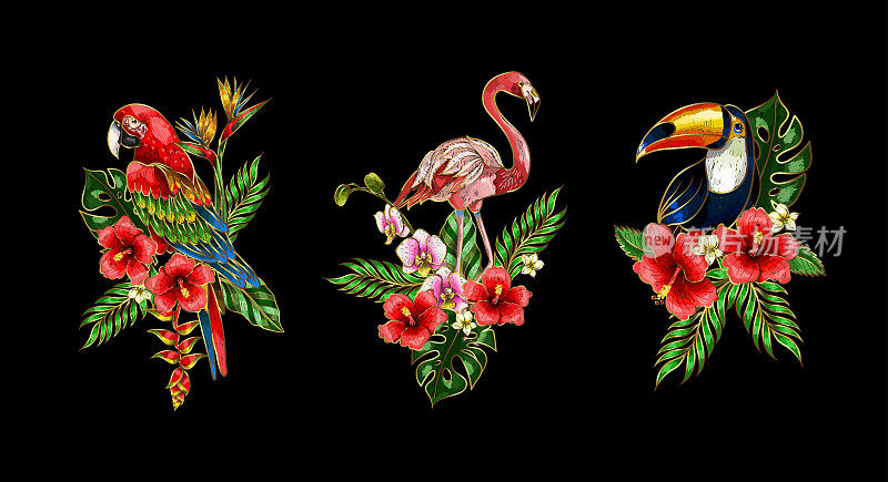 火烈鸟，鹦鹉，巨嘴鸟绣花补丁与热带花卉花束