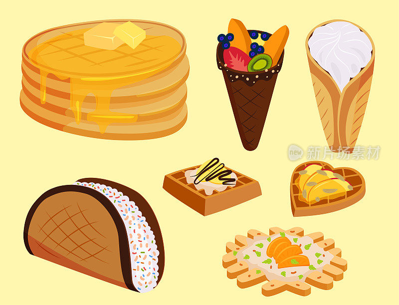 不同的威化饼干，华夫饼，糕点饼干，美味的零食，奶油点心，酥脆烘焙食品矢量插图