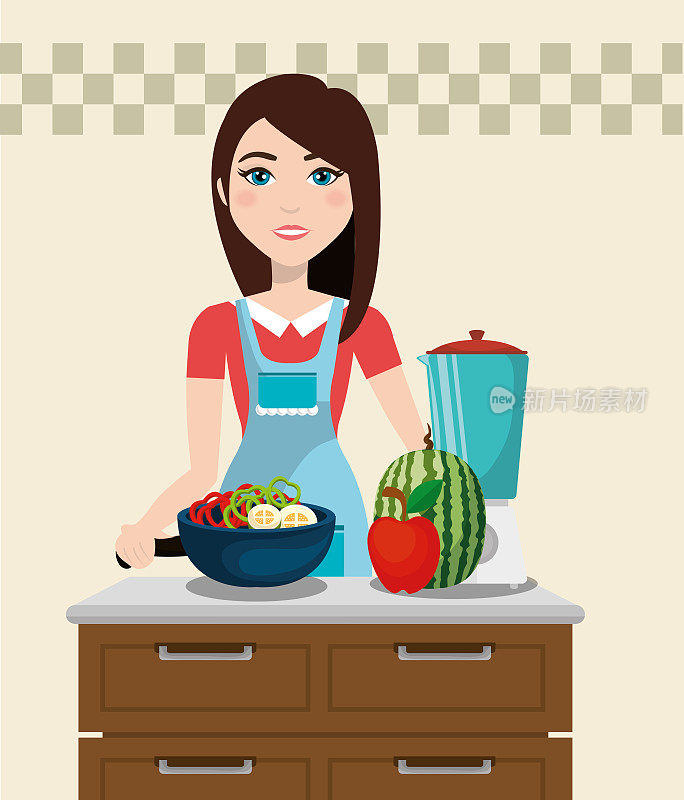 可爱的女人在厨房做饭