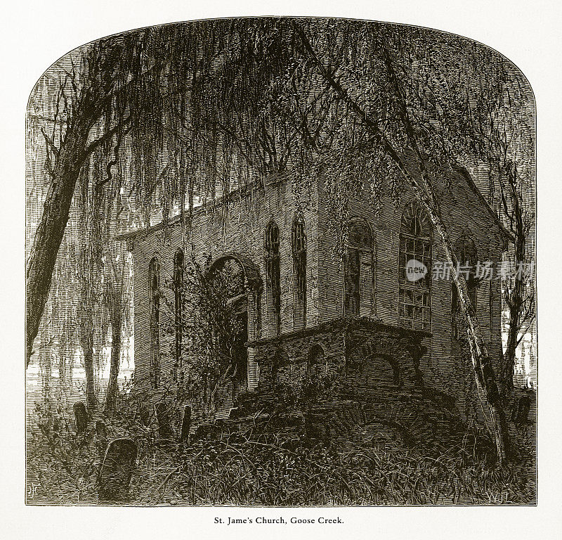 美国南卡罗莱纳查尔斯顿鹅溪圣詹姆斯教堂，美国维多利亚版画，1872年