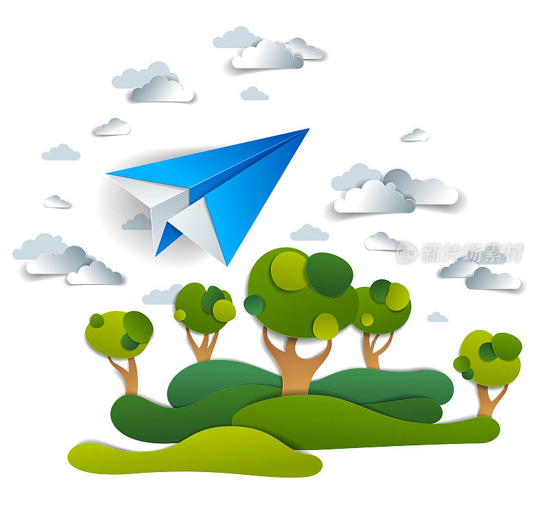 折纸玩具飞机在天空中飞过草地和树木，用玩具飞机起飞和草原、航空公司航空旅行的主题完美描绘自然风景的矢量图。