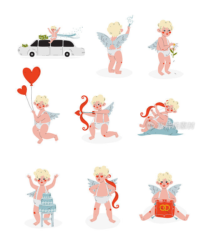 可爱有趣的丘比特在不同的情况下设置，黑龙江婴儿天使在各种姿势，快乐情人节符号矢量插图
