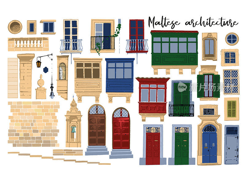 矢量集合的传统马耳他建筑元素与各种装饰和颜色
