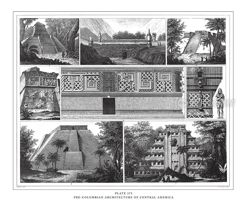 中美洲前哥伦布时期的建筑雕刻古董插图，1851年出版