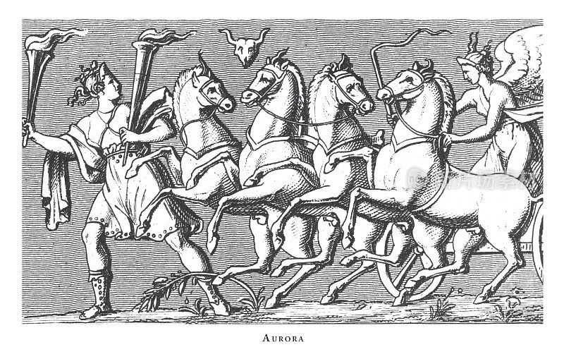 奥罗拉，希腊节日和神话人物和场景雕刻古董插图，出版于1851年