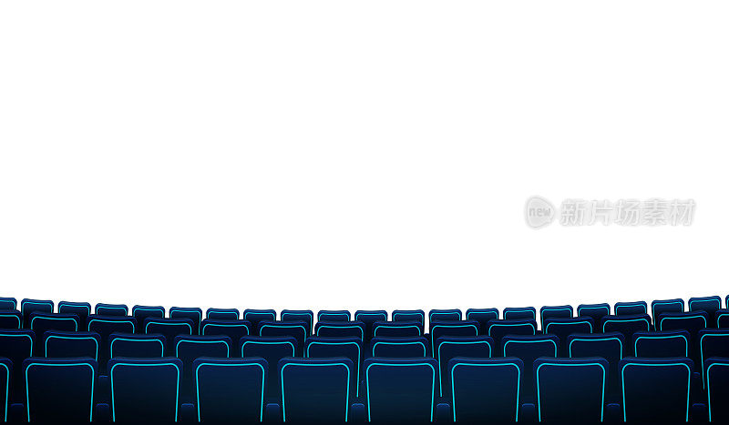 电影院大厅，白色的空白屏幕和椅子。3D现实一排排的蓝色椅子电影院的座位面对一个白色的屏幕背景。矢量平面设计与白色屏幕和一排排扶手椅。