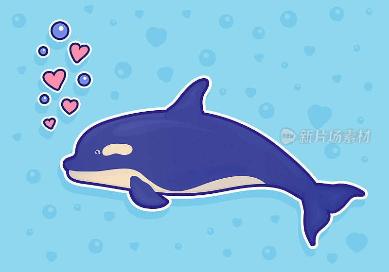 蓝色背景上的海豚贴纸，上面有泡泡和爱心。海洋鱼类。水下海洋野生生物。矢量插图。