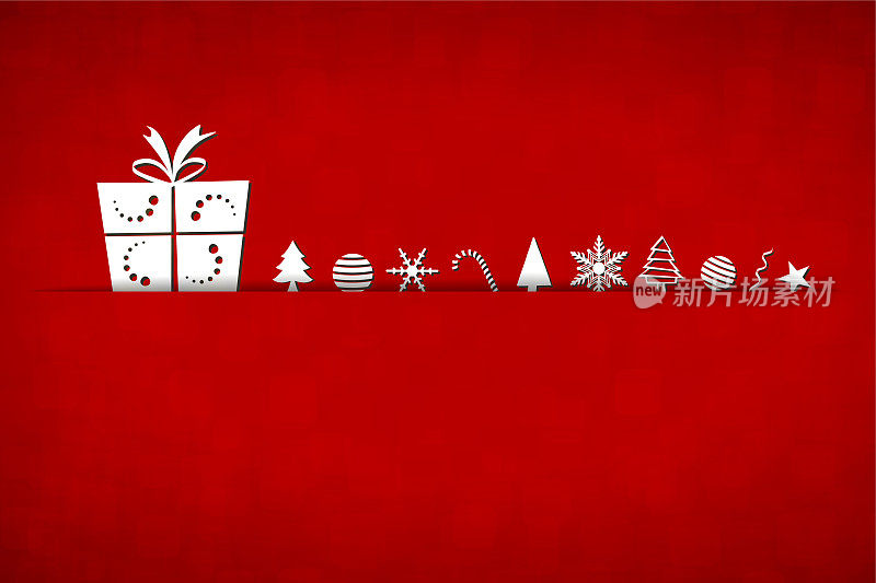 一个有创意的亮红色圣诞背景的水平矢量插图，中间有一个狭缝或切口，白色的圣诞礼物和装饰品排列在上面