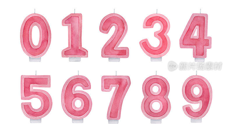 亮粉色生日蛋糕蜡烛号码(0,1,2,3,4,5,6,7,8,9)的节日插图收集。手绘水彩图形在白色的背景，裁剪元素的设计装饰。