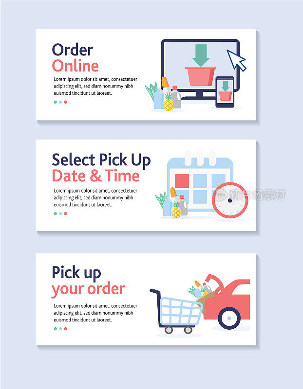 一组在线购物和订单概念的路边拾取web横幅模板