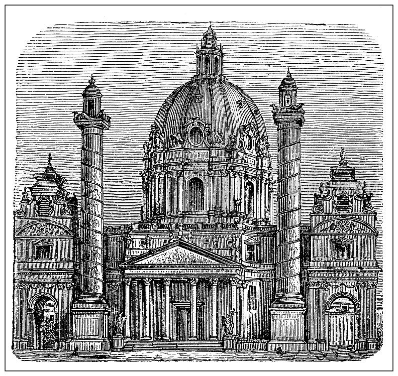 古董插图:圣查尔斯教堂，维也纳