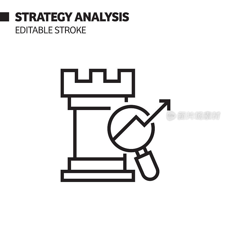 策略分析线图标，轮廓矢量符号插图。完美像素，可编辑的描边。
