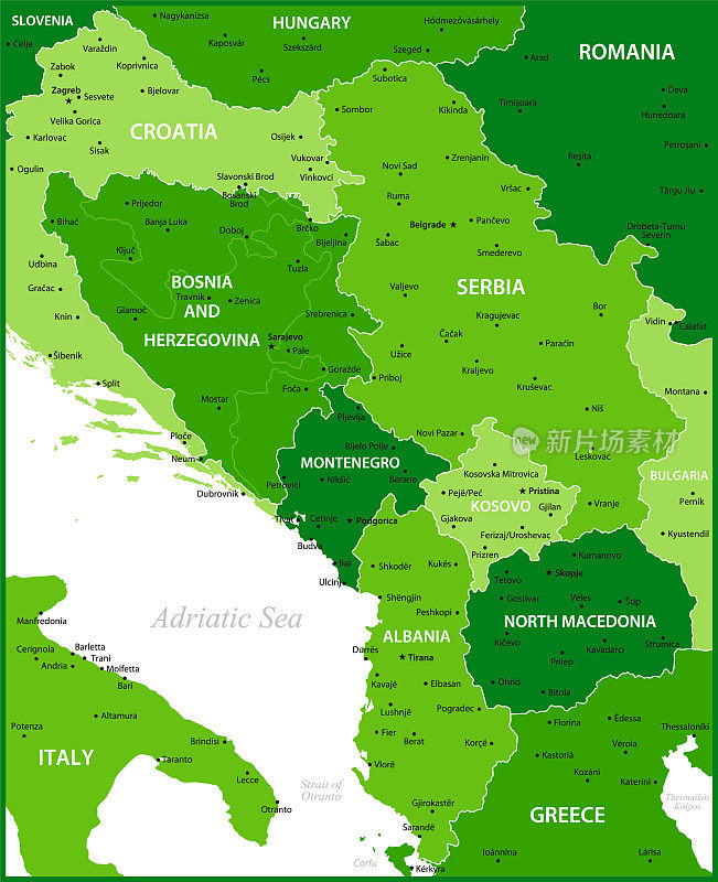 巴尔干中部地区地图。欧洲绿色插图与希腊，北马其顿，意大利，罗马尼亚，黑山和克罗地亚的地理边界