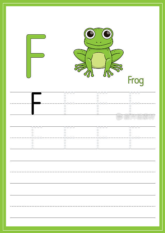 矢量图的绿色青蛙孤立在白色的背景。以大写字母F作为教学媒体，供儿童识别英文字母或供儿童学习书写字母用于在家里和学校学习。