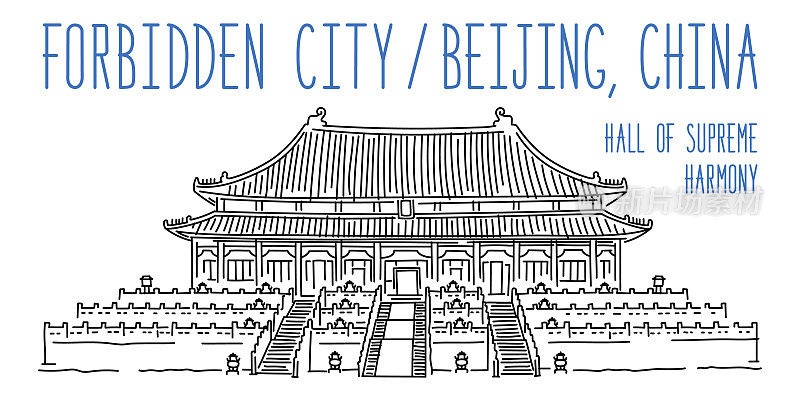 中国北京的紫禁城。太和殿素描。